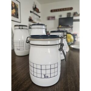 Vtg Wheaton Milk Glass Canister Set MCM Wire and Bail Closure Coffee Sugar Tea